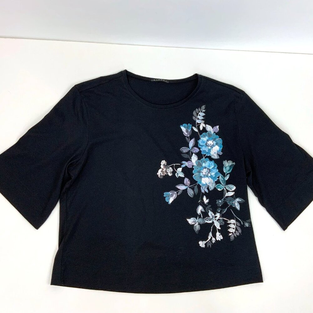 New Sisley Women's Black T-Shirt Floral Print Sz M - Picture 11 of 16